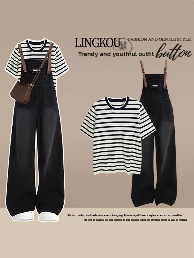 

plus Size Summer College Style Set Women's Elegant Slimming Striped T-Shirt with Denim Overalls Two Piece Set Fashionable Cas...