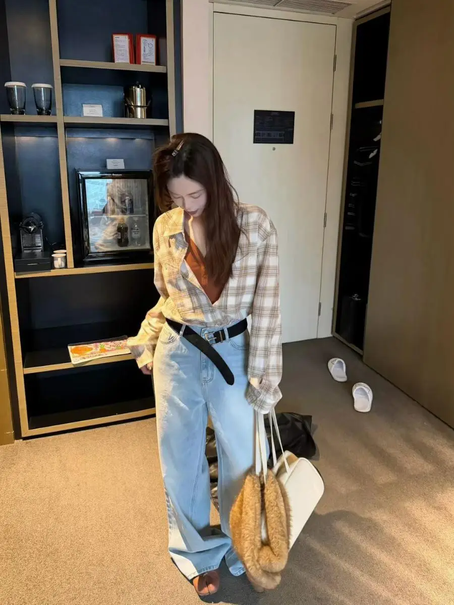 

Washed Denim High Waist Loose Women's Jeans Korean Style Lazy Fashion Spring Cotton Button Closure Ladies Loose Fit Jeans