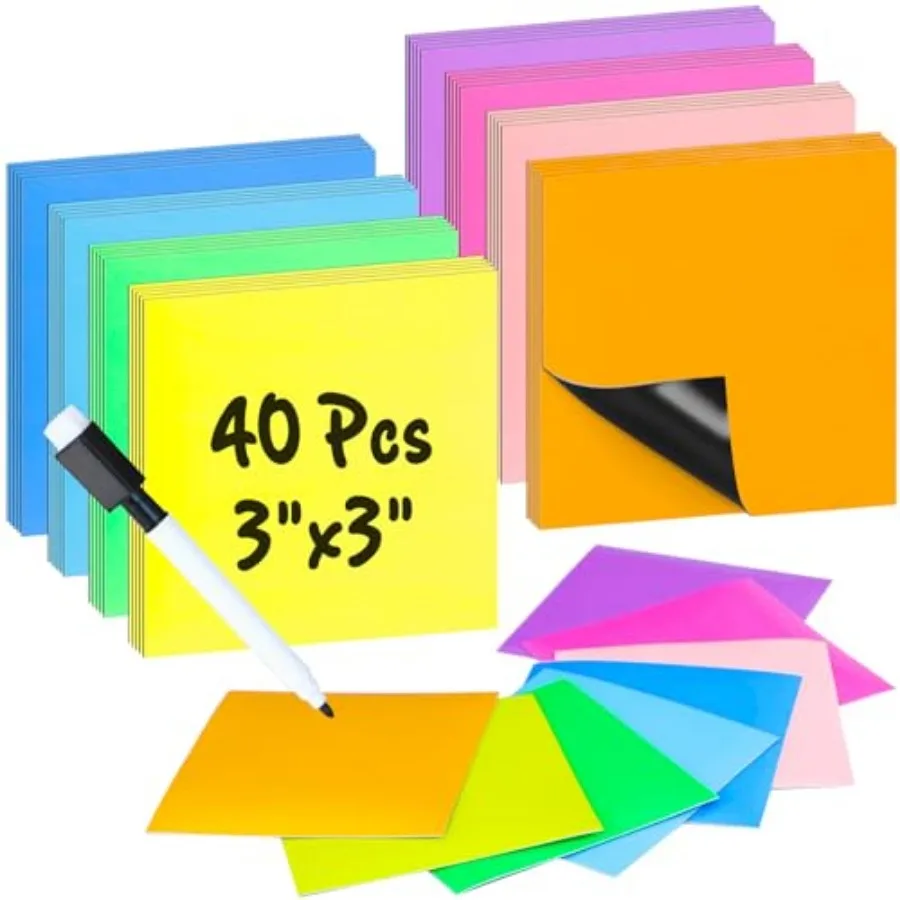 

40 Pcs 3" x 3" Reusable Magnetic Sticky Notes Dry Erase Magnet Sheets Set Easy to Post Labels with Marker for Whiteboard Multic