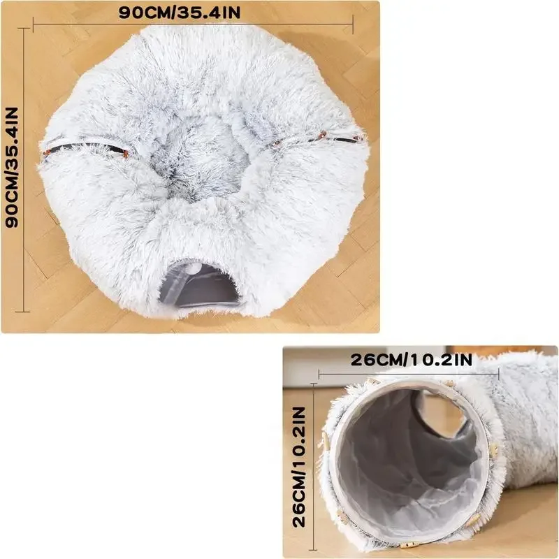 Full Moon Shaped Cat Tunnel Bed with Middle Mat, Large Warm Playground Cat Toys, Soft Material Plush Pet Kennel