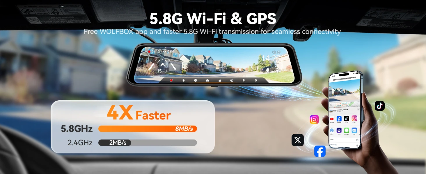 WOLFBOX G850 PRO 4K WIFI Spiegel Dash Cam mit ADAS und BSD 5,8 GHz WiFi Sprachsteuerung Auto DVR Rückspiegel 12 Zoll – Detail 2