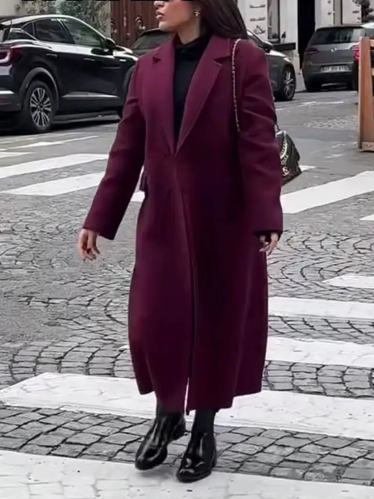 

HH Autumn Female High Street Wine Red Windbreaker Double Breasted Solid Color Long Sleeves Lapel Pockets Vintage Long Coats