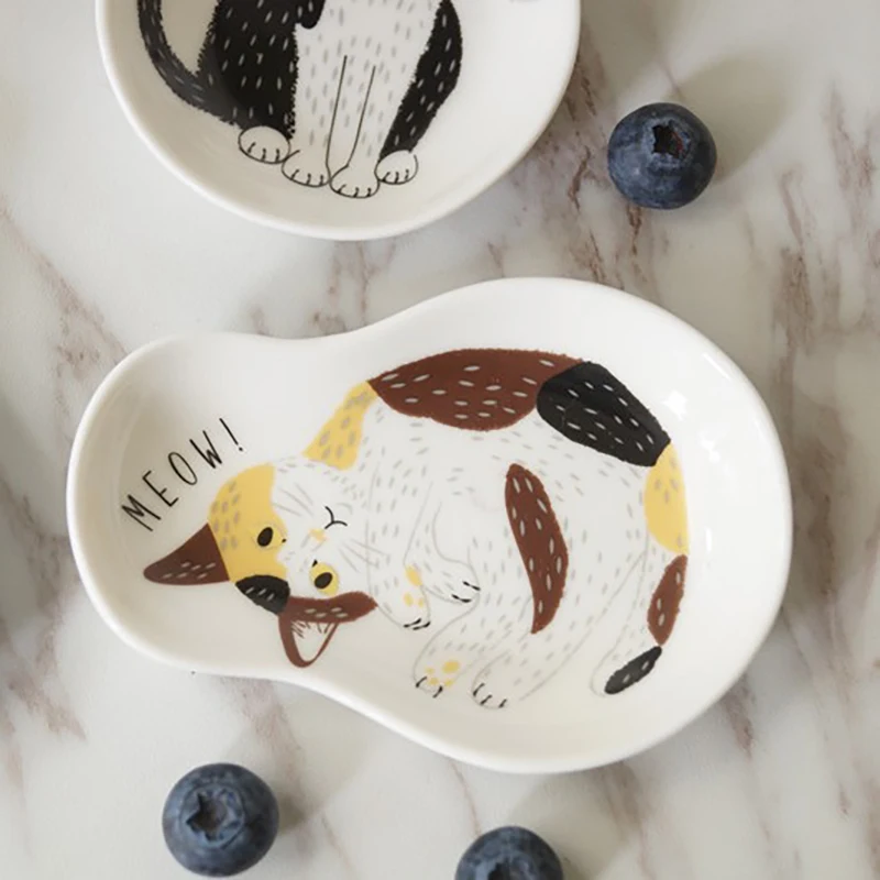 1/3pcs Ceramic Dessert Sauce Dish Japanese Tableware Creative Cute Cartoon Lucky Cat Pattern Water Drop Shape Fruit Sushi Plates