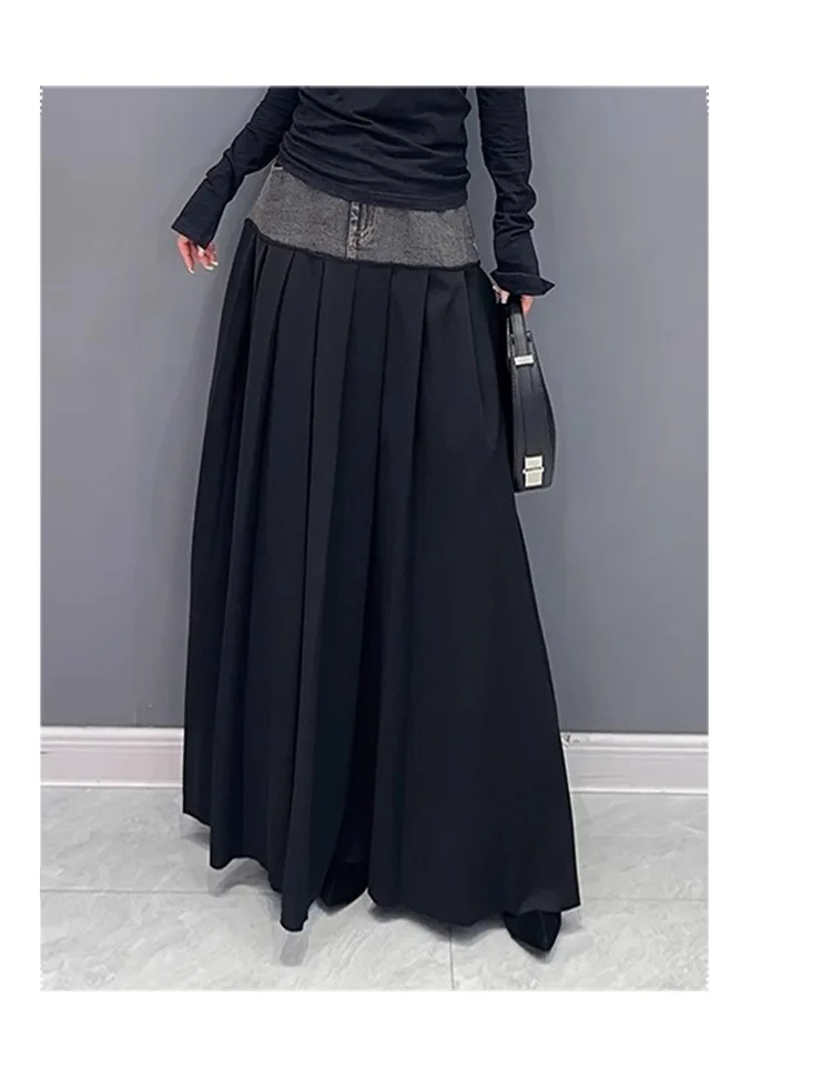 Y2k Pleated Skirt Women Long Skirts Denim Patchwork High Waist Washed Distressed Vintage Floor Length 2025 Streetwear A Line