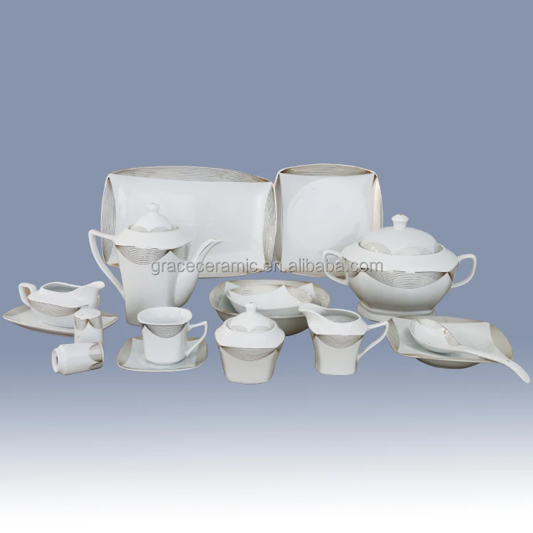 Custom Design Western 125 Pcs Square Shape Ceramic Fine China Porcelain Gold Rim Dinnerware Sets for Hotel Restaurant