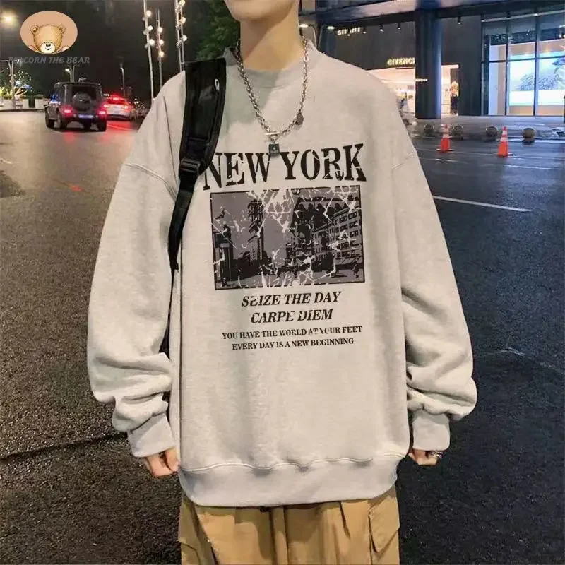 LIBIELIY Fashion Loose O-Neck Printed Casual Tee Shirt Men's Clothing 2025 Autumn Winter Oversized Korean Pullovers All-match T-