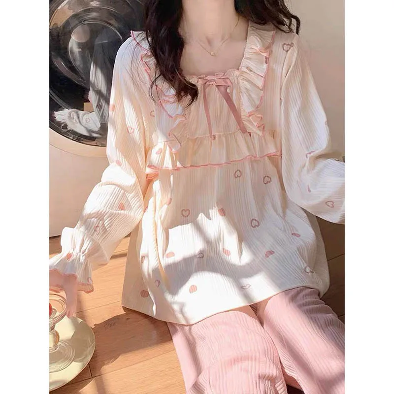 Heart Women Pajama Sets Sleepwear Pants Sets 2 Pieces Square Collar Piiama Korean Style Full Sleeve Spring Night Wears Home Suit