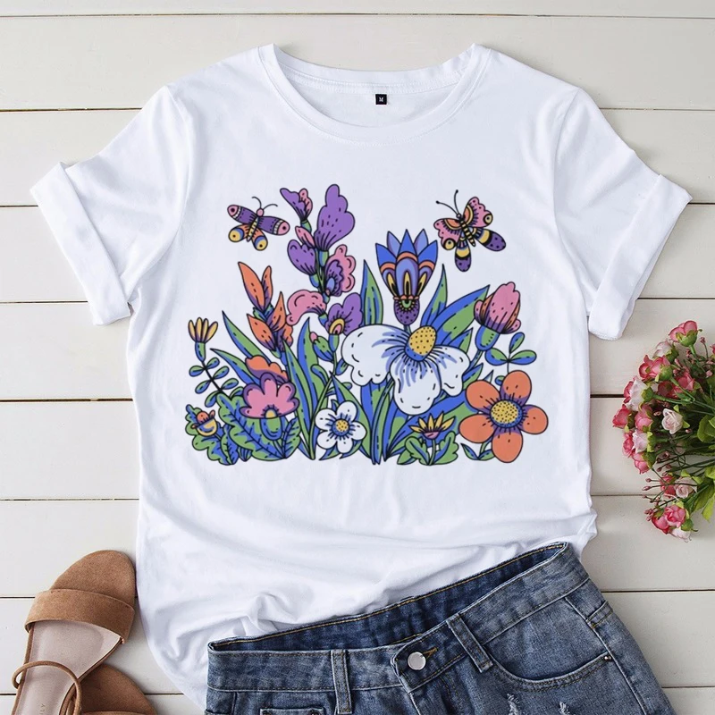 

Акварельная модная женская футболка с цветочным узором и бабочкой с принтом и круглым вырезом, топ в повседневном стиле, милая популярная футболка с короткими рукавами