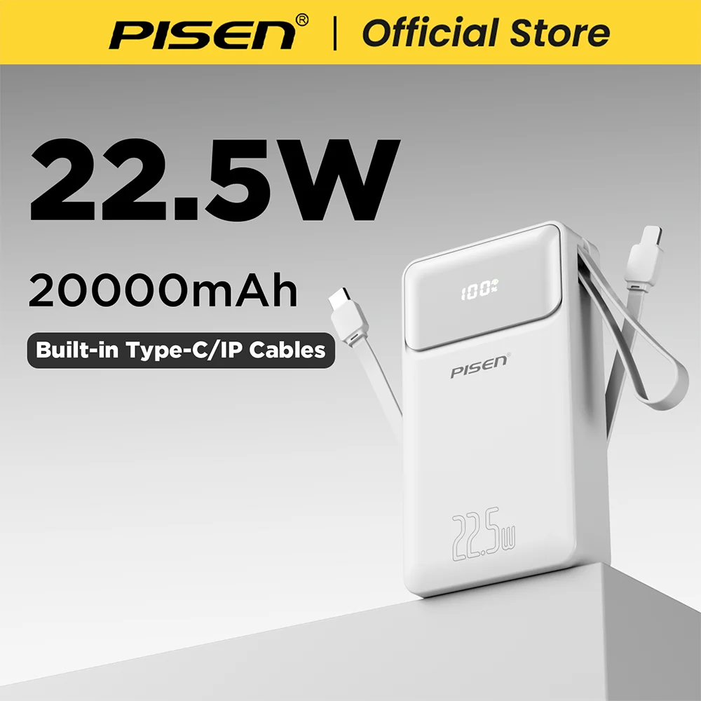 PISEN 22.5W Power Bank 20000mAh With Built-in Type C/L Cables Fast Charging Powerbank For iPhone Samsung