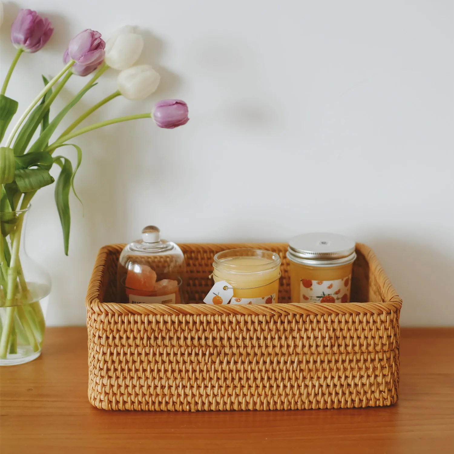 3 Sizes Rectangular Rattan Storage Baskets, Handmade Woven Nesting Wicker Baskets for Decor, Fruit Tray and Snack Storage Box