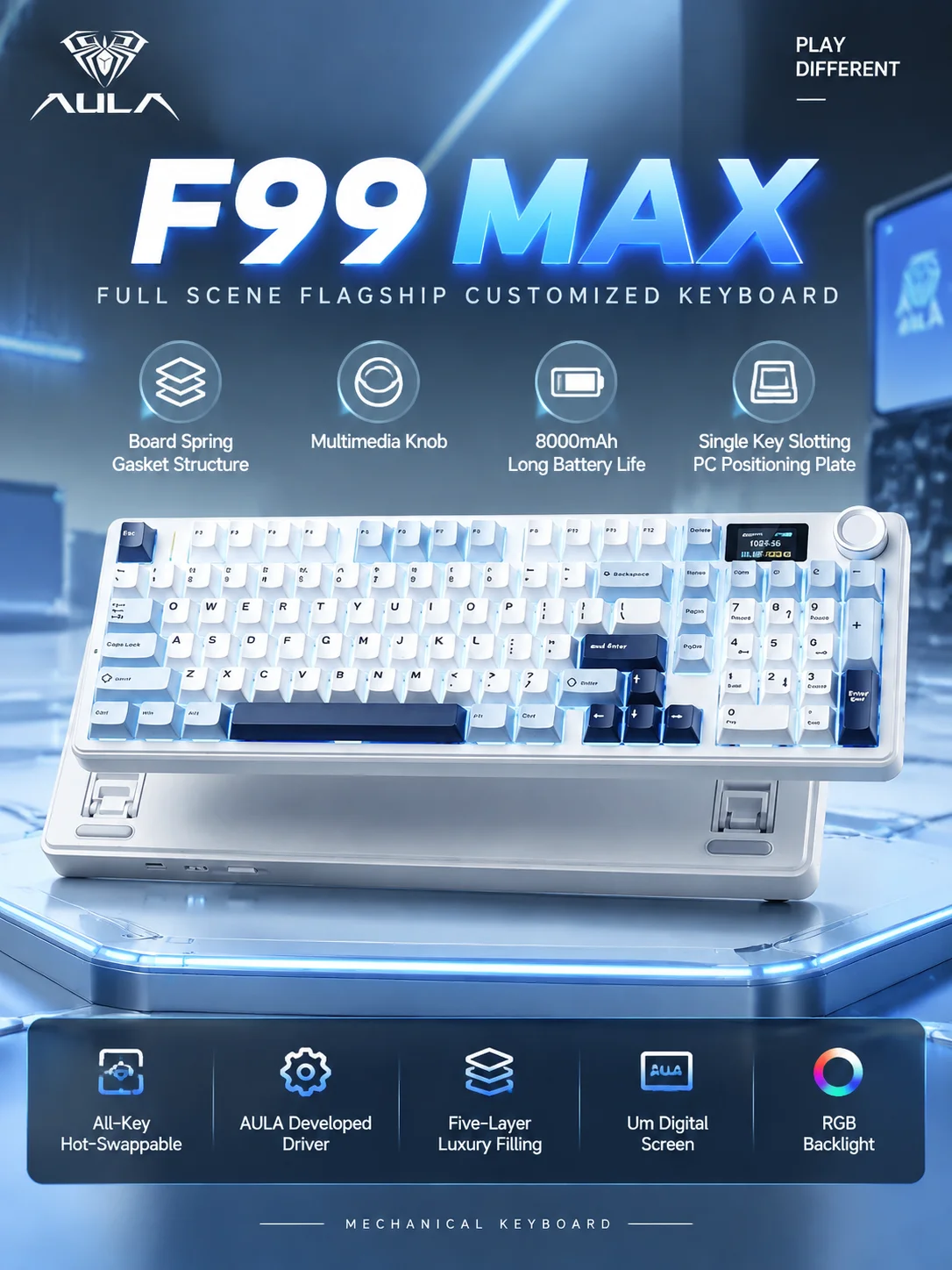 AULA F99 MAX Gaming Keyboard Wireless Mechanical Custom Software & 8000mAh Battery 96% ANSI Layout Gamer Esports Keyboard