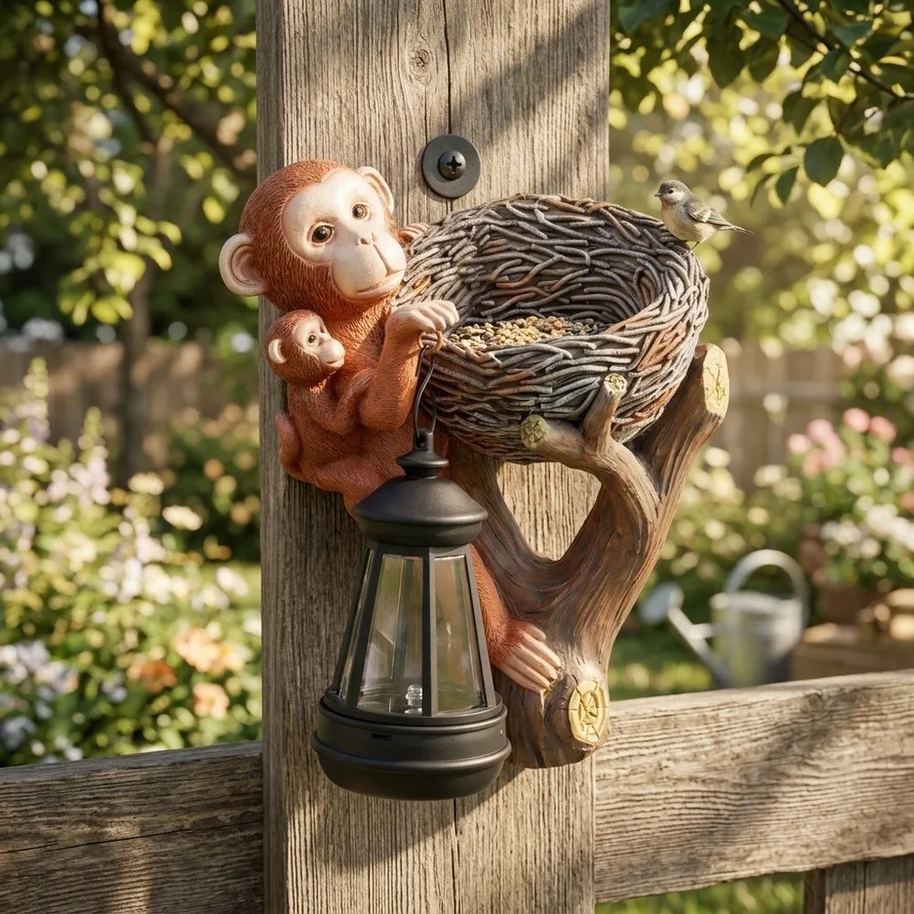 Wall Mounted Resin Monkey Capturing Mother and For child Moment for Garden Decoration and Bird Feeder Integration