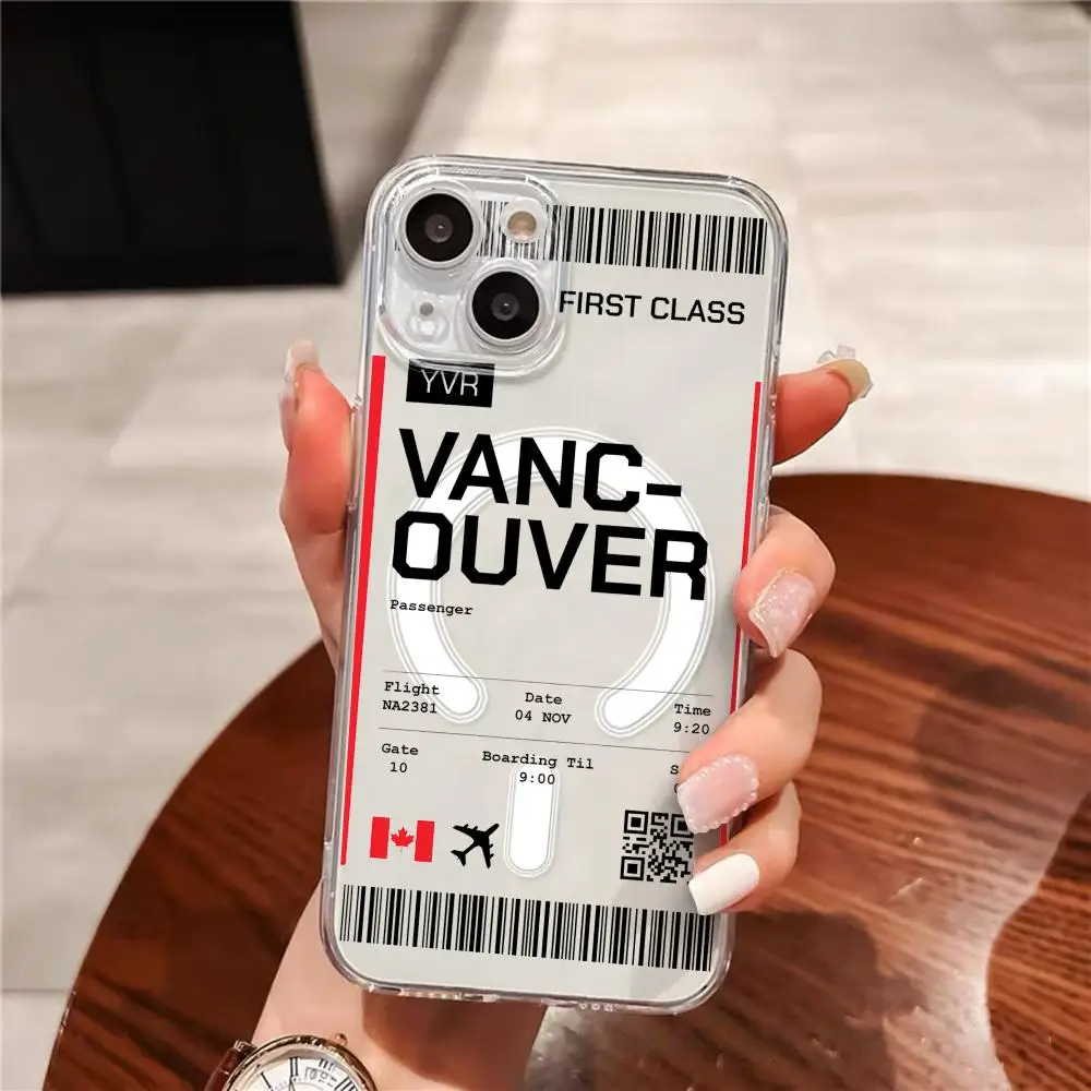 Plane Travel Ticket Canada Phone Case For IPhone 17 16 15 14 13 12 Pro Max Plus Magnetic Clear Case Slim Wireless Charging