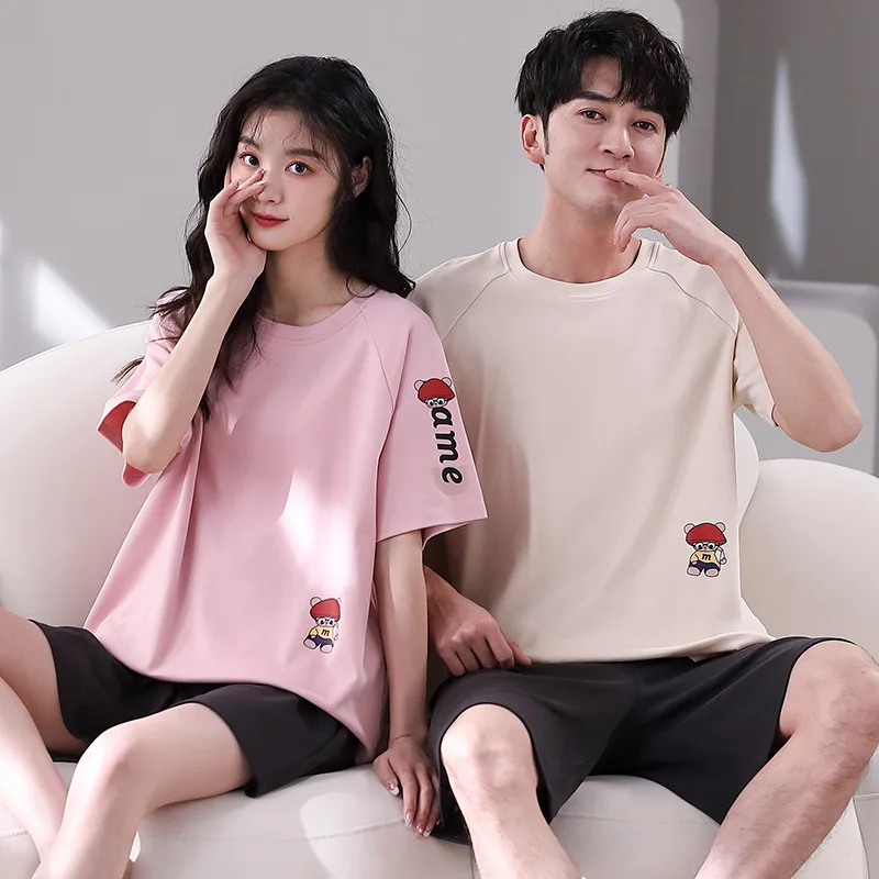 

Kawaii Bear Summer Sleepwear Couple Pajamas Set Women Men Lovers Nightgown Pijama Loose House Clothes pijamas para parejas