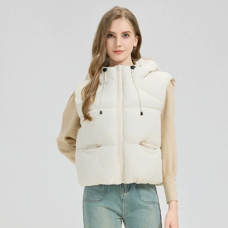 

Winter Short Down Sleeveless Vest Women Warm Hooded Zipper Jacket Casual Fashion Cropped Coats Street Outerwear Female Waistcoat
