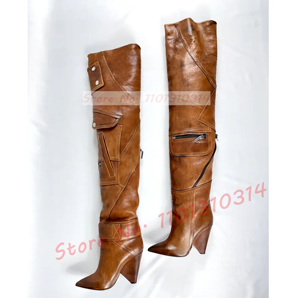 Retro Brown Zipper Wedge Boots Women Fashion Patchwork Spike High Heels Over Knee Shoes Ladies Winter Metal Belt Buckle Boots