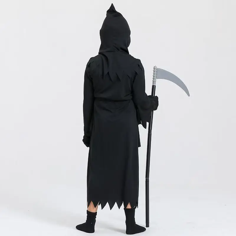 Grim Reaper Costume Cosplay Tuta Occhi rossi Bagliore Prop Falce Abito nero Mantello Guanti Vestiti Halloween Spaventoso Carnevale Dress Up