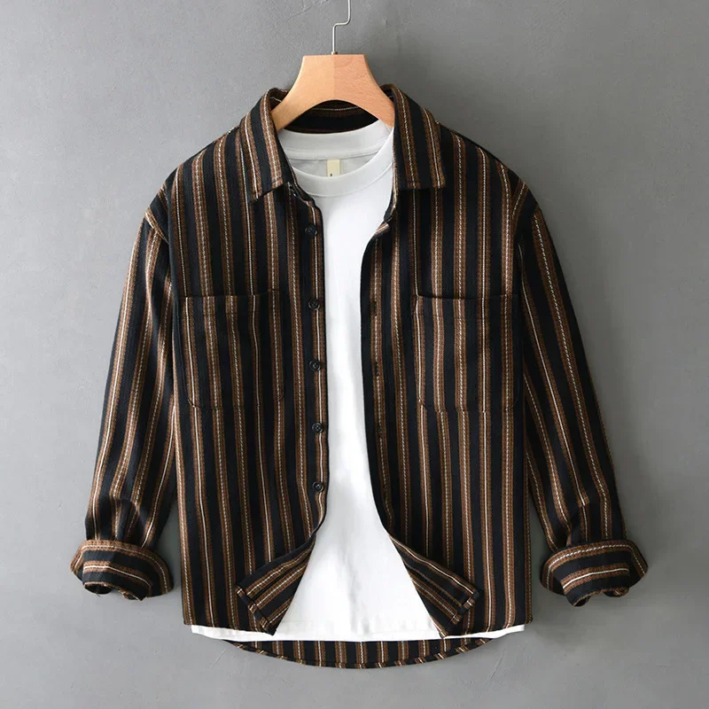 

Новые мужские полосатые рубашки с длинным рукавом, японская винтажная рубашка, мужские весенне-осенние повседневные рубашки с двойными карманами, свободный топ для молодежи
