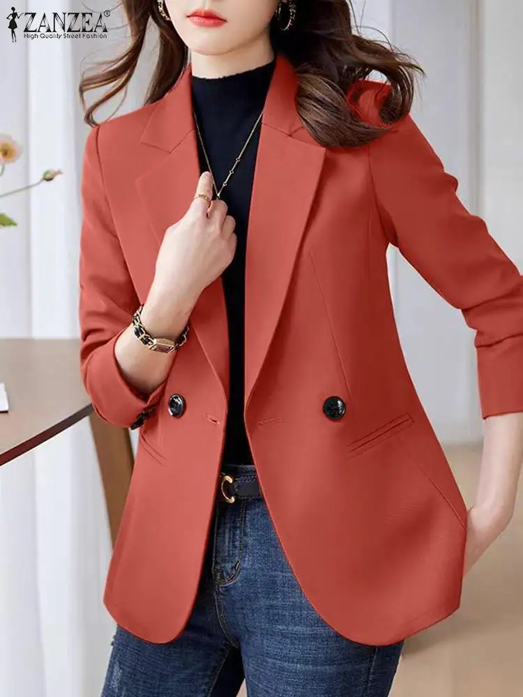 ZANZEA-blazer de manga comprida feminino, casaco elegante com gola lapela, outwear sólido formal, cintura de coleta, roupas finas coreanas, outono, 2021