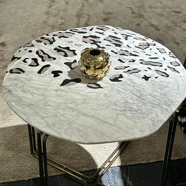 Italian light luxury marble edge few designer mod ern mansion villa liv ing ro om metal base leopard print s ofa
