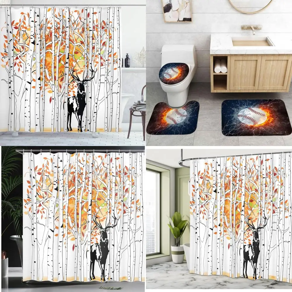 

autumn deer forest shower curtain, nature-inspired tree foliage art, fabric bathroom decor