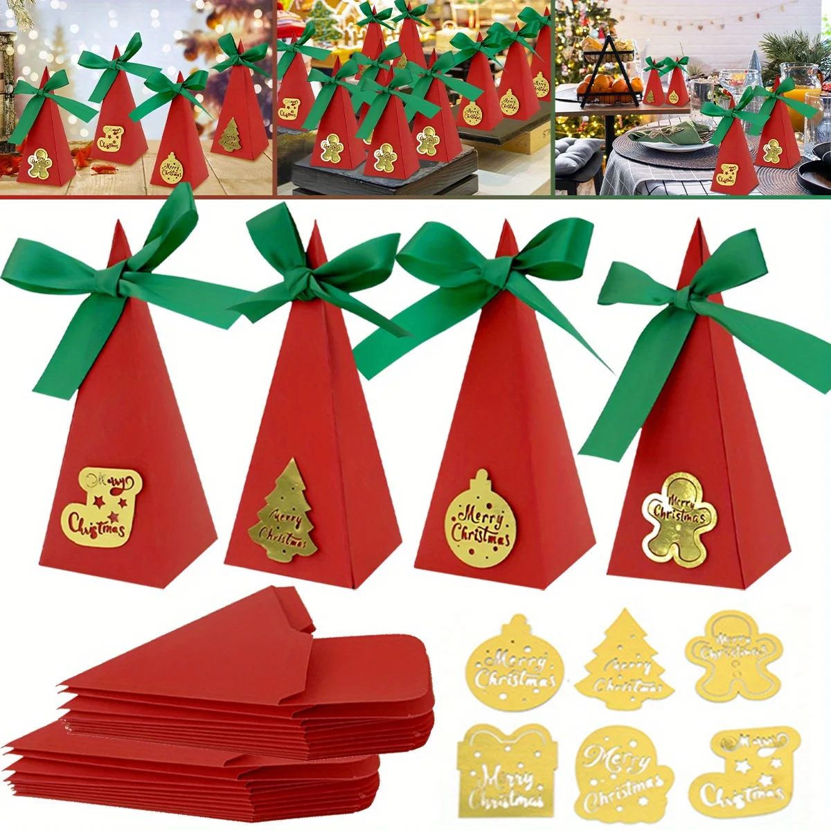 20Pcs Christmas Gifts Boxes Paper Snack Packaging Box Triangle Xmas Goodies Treat Box for 2024 Navidad Party Favors Supplies