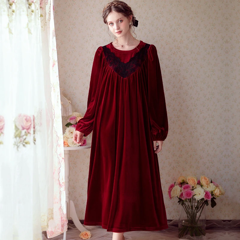 

Vintage Velvet Loose Night Dress Women Autumn Winter Warm Thick Pleuche Velour Robe Long Nightwear Victorian Nightgown Sleepwear