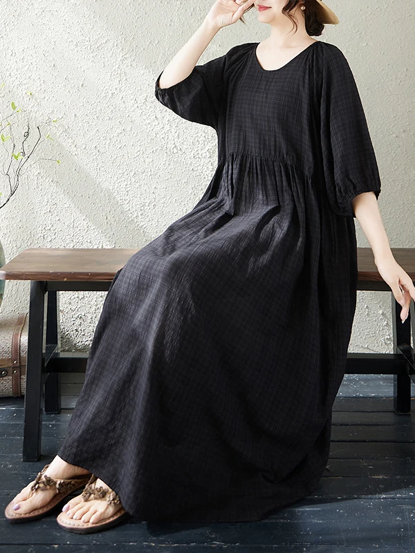 

Летнее женское платье большого размера свободного кроя с круглым вырезом и рукавами-фонариками из тонкого хлопкового бленда для прогулок по городу