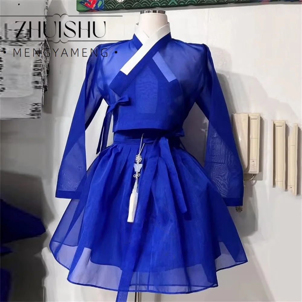 Blue Mini A Line Korea Wedding Photo Shoot Dress Elegant Long Sleeves V Neck Hanbook Dress Party Dress Customized New
