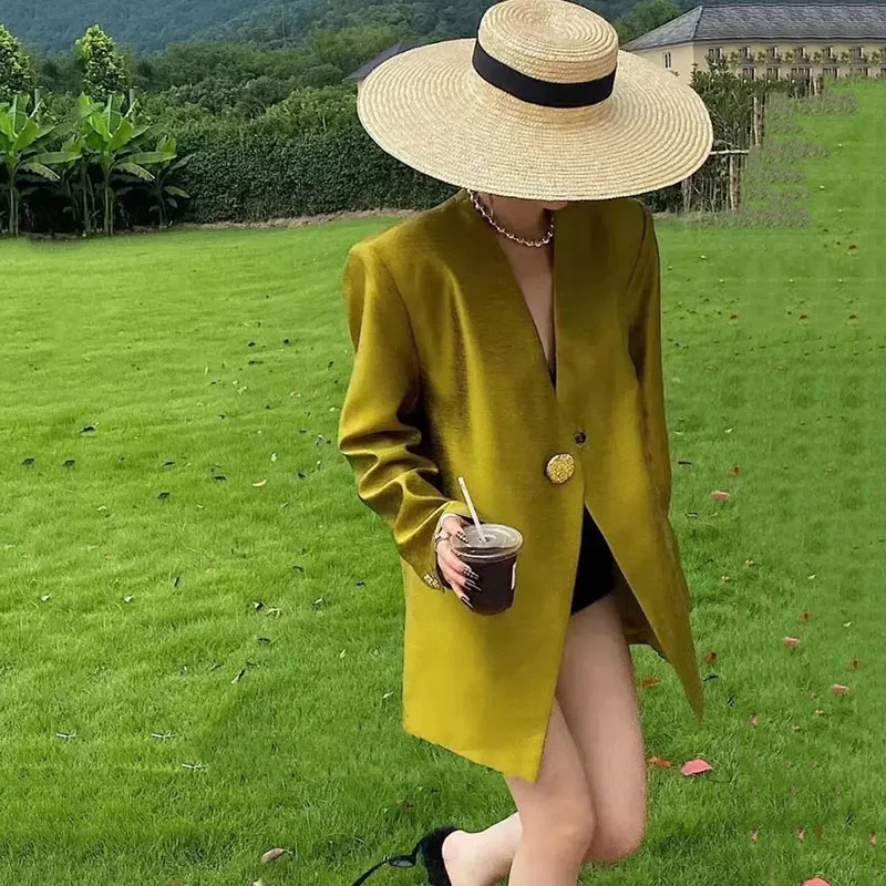 جديد 2025 سترة بدلة نسائية موضة فضفاضة معطف متوسط الطول لون نقي زر واحد إحساس التصميم السترة قطع علوية نسائية #2