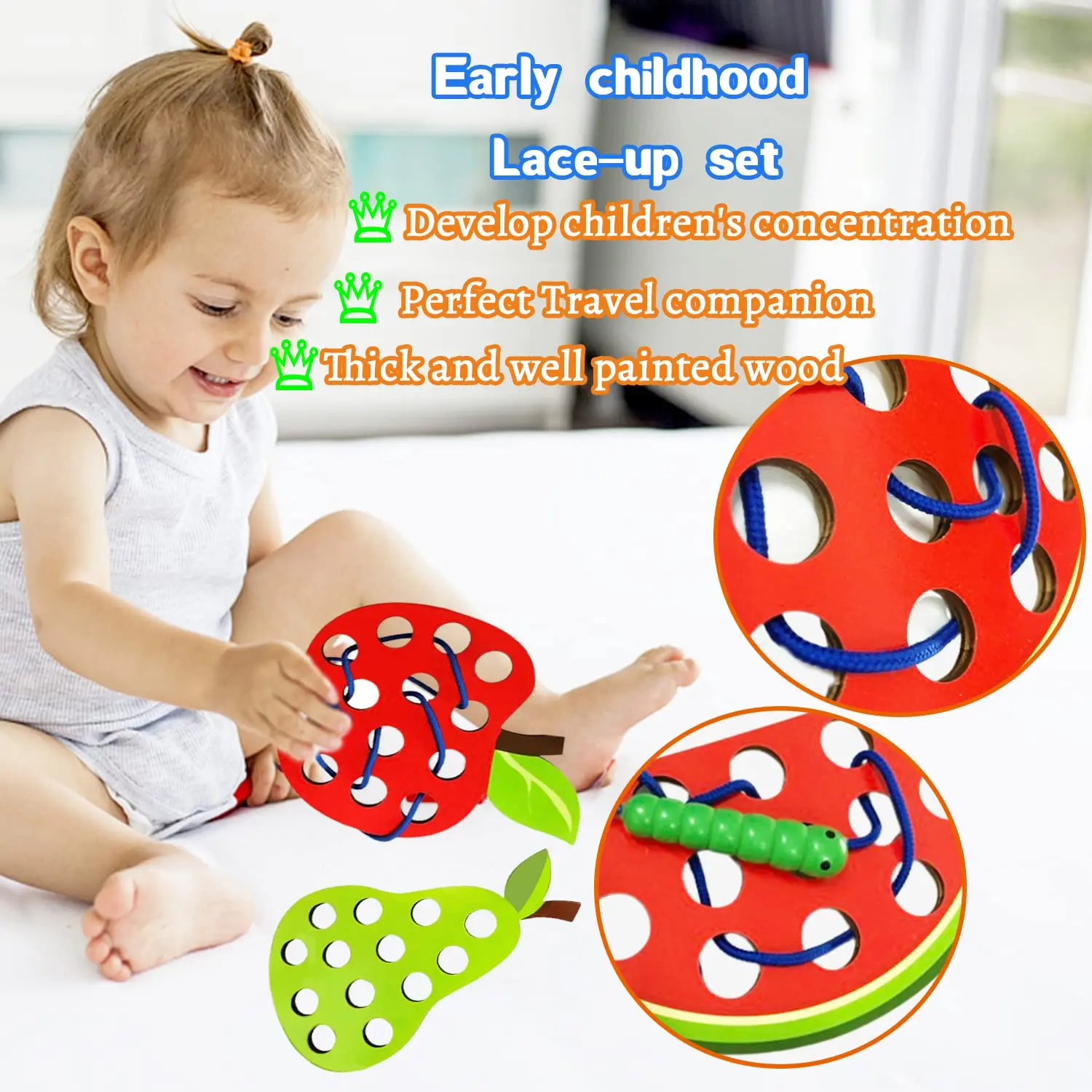 

Montessori Wooden Lading Toy Set, 4 Fruit Threading Puzzles for Fine Motor Skills - Travel Educational Toy for Ages 3 4 5