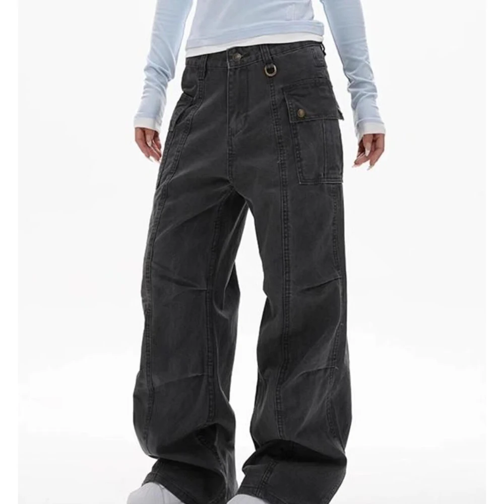 Relaxed Fit Trendy Vintage Denim Jeans for Women Washed Straight Leg Grey Pants Clothing Zipper Casual Streetwear Trousers