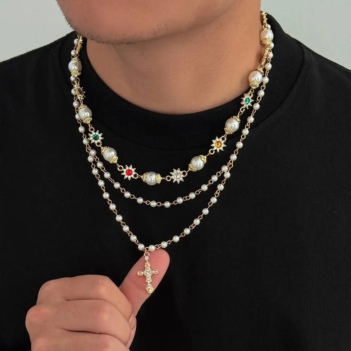 

KunJoe 2Pcs/Set Trendy Rhinestone Imitation Pearl Choker Necklace Men Punk Jesus Cross Pendant Necklace Jewelry on the Neck