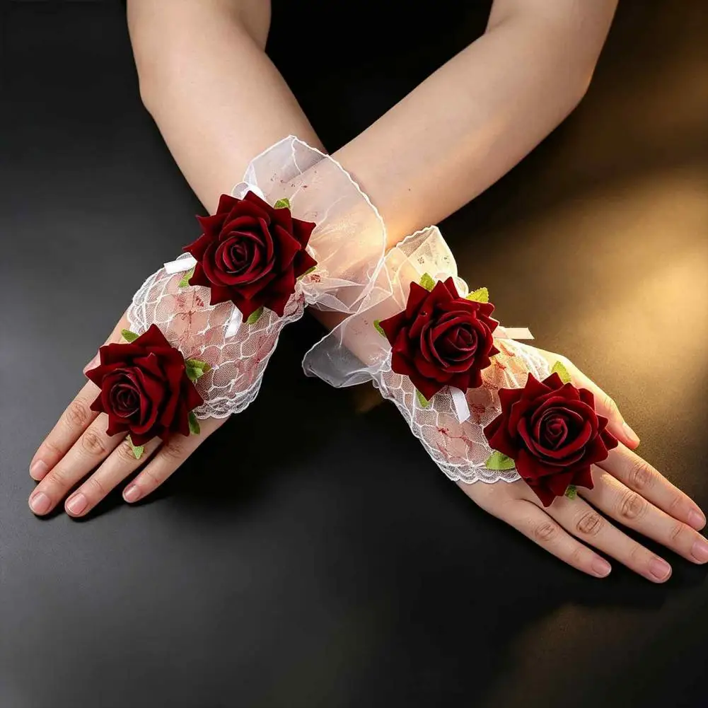Faux Silk Rose Wristlets Lace Wrist Gloves Lace Fingerless Gloves Rose Flower Wrist Cuffs Elastic Short Hand Sleeves for Women