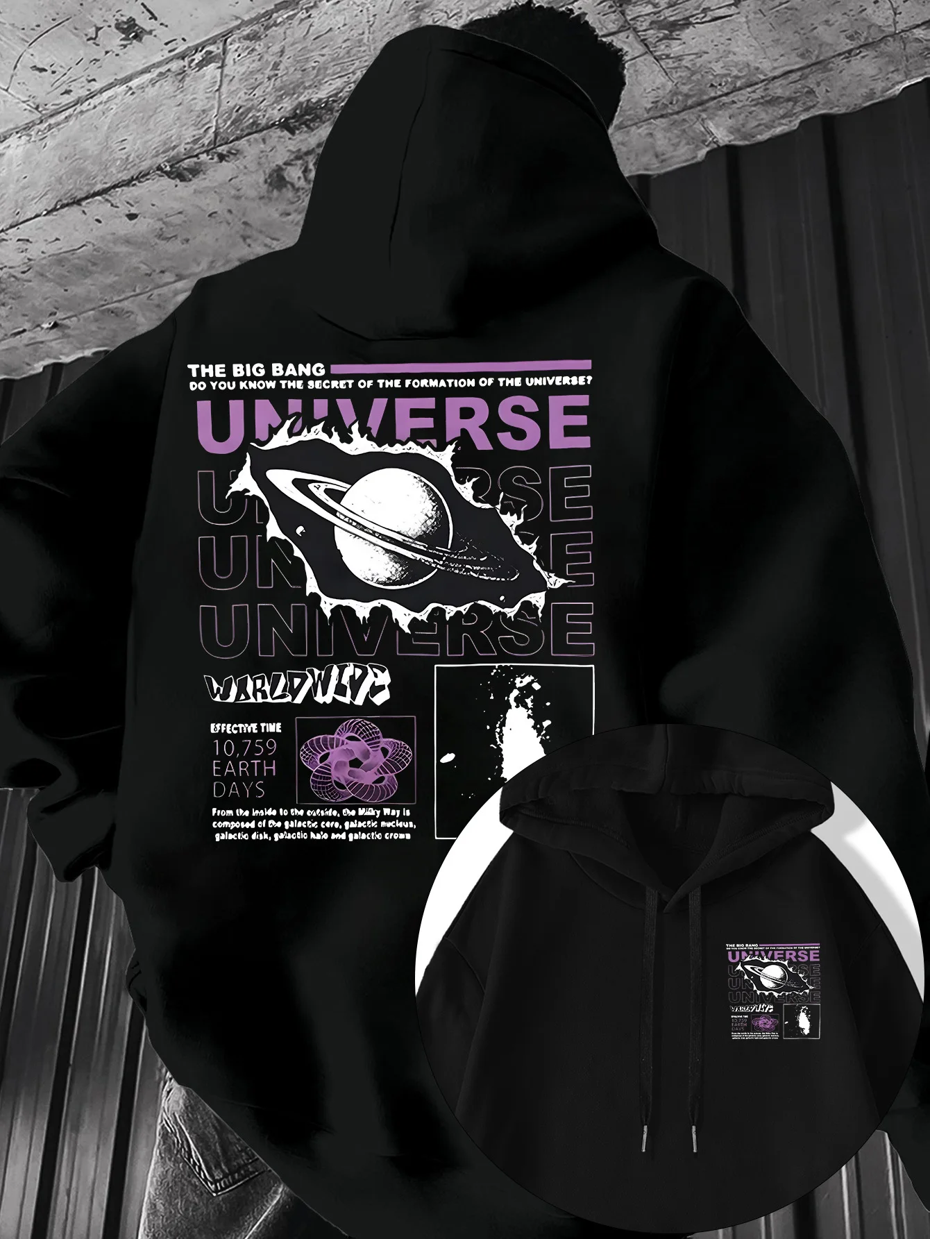 Interstellar Exploration Men's Loose Hooded Sweatshirt - Space Planet Graphic Theme Front and Back Printed Pullover Sweater