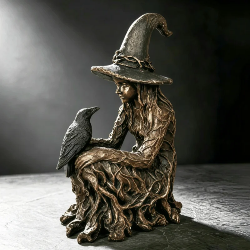 Tree Root Witch With Raven Resin Statue, Retro Sitting Witch Figurine, Gothic Mystic Desktop Ornament Halloween Home Decor Gift