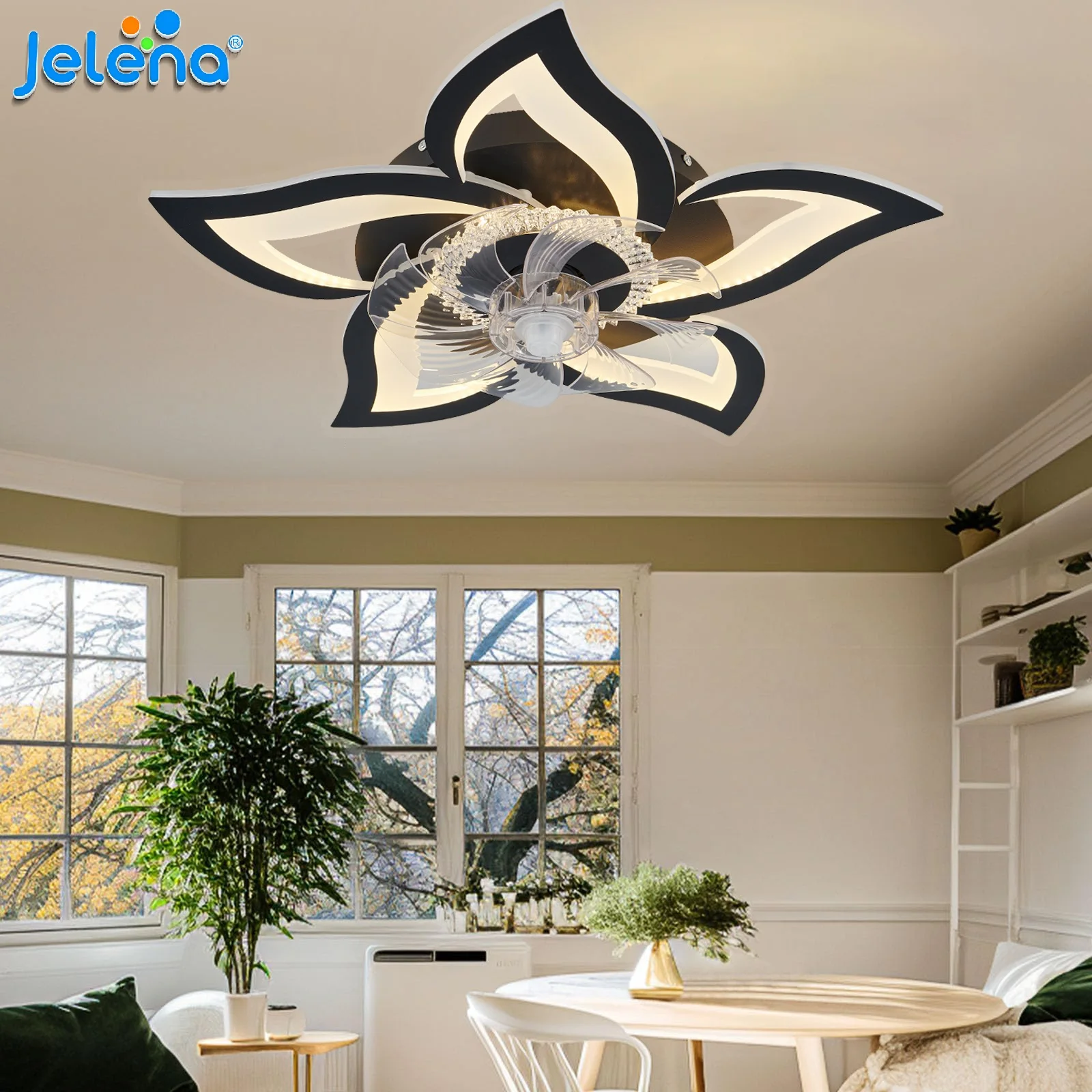 Intelligenter Deckenventilator mit Beleuchtung, Blumendesign, LED-Deckenlampe, Heimdekoration, elektrischer Ventilator, moderner Deckenventilator für Schlafzimmer, Fernbedienung & App, 6