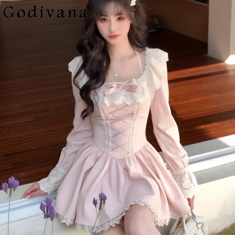 

Autumn Winter Large Size Girl French Sweet Square Collar Pink Japanese Dress Long Sleeve Lace High Waist A-line Princess Dresses