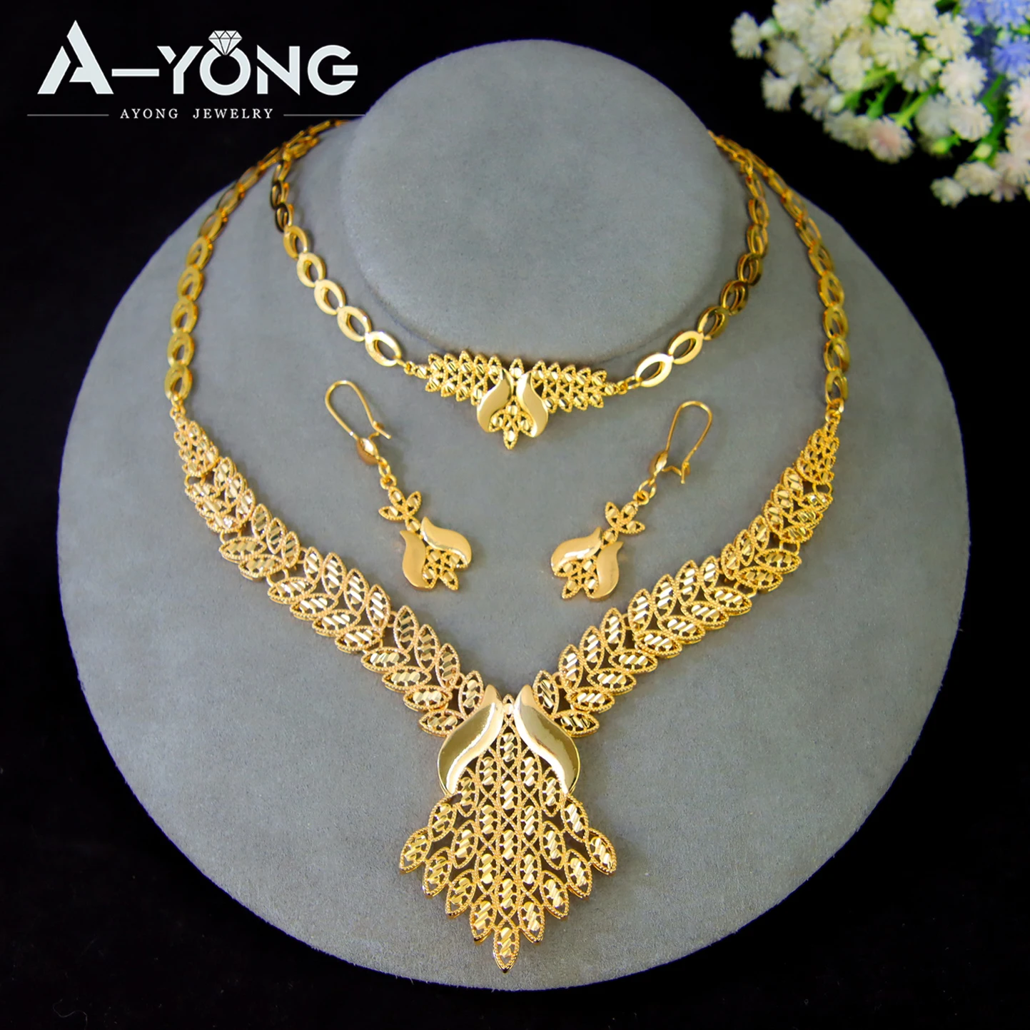 Luxuriöses Dubai Brautschmuck-Set 21k Vergoldet Nigeria Elegante Halskette Armband Ohrringe Arabischer Frauen Party-Schmuck – Detail 1