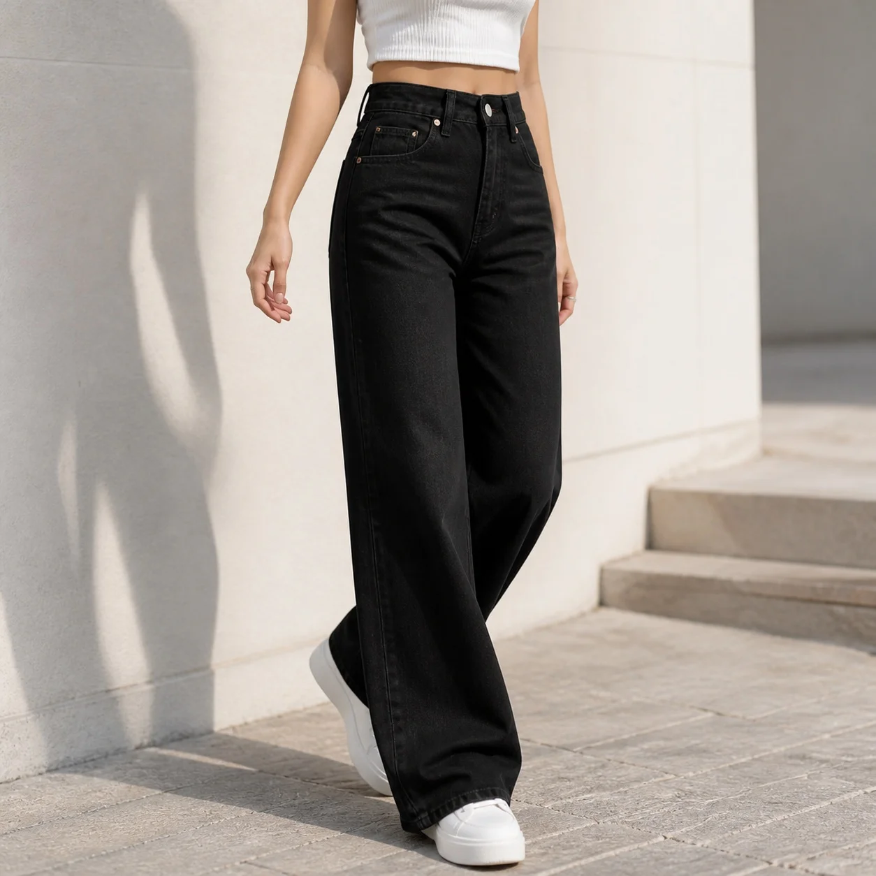 Women's Baggy High Waist Wide Leg Straight Leg Long Washed Patchwork Zipper Detail Mid Rise Jeans Women Double Front Dark Blue