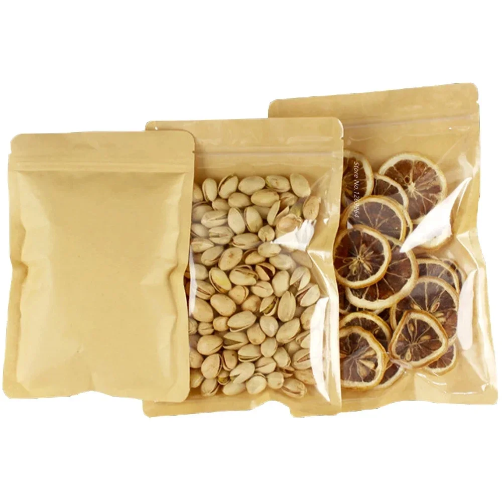 

100Pcs Brown Kraft Paper One Side Clear Plastic Resealable Zip Lock Packing Pouches Dried Flower Candy Zipper Storage Bag