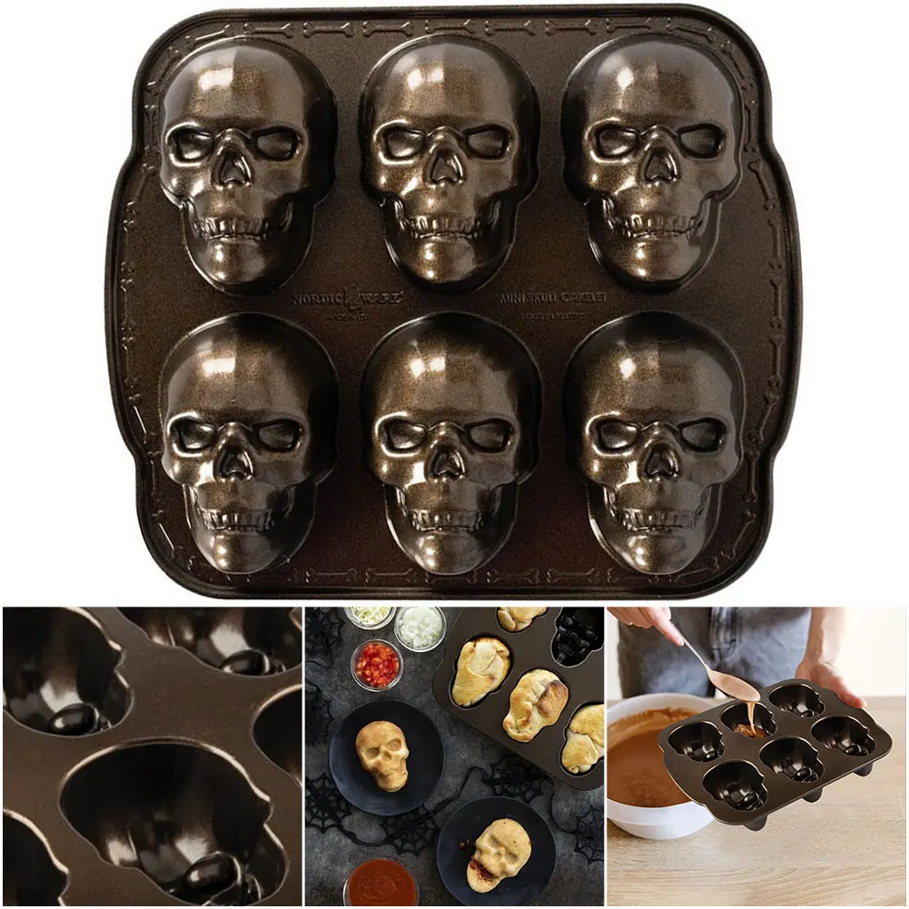 Halloween Skull Cake Pan Molds 6 Cavity Cake Baking Mold Stainless Steel Skeleton Candy Chocolate Mold for Halloween Party Decor