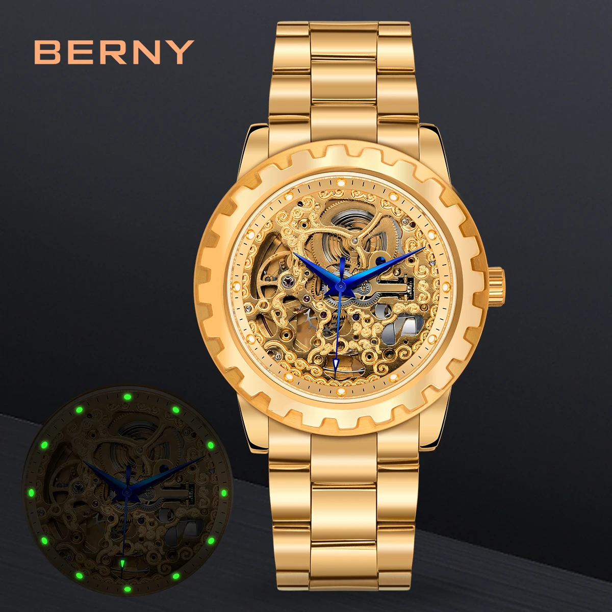 

BERNY Gold Automatic Men's Skeleton Gear Visual Dial Watch Blue Steel Hand Luminous 5ATM Luxury Steel Mechanical Men's Watches