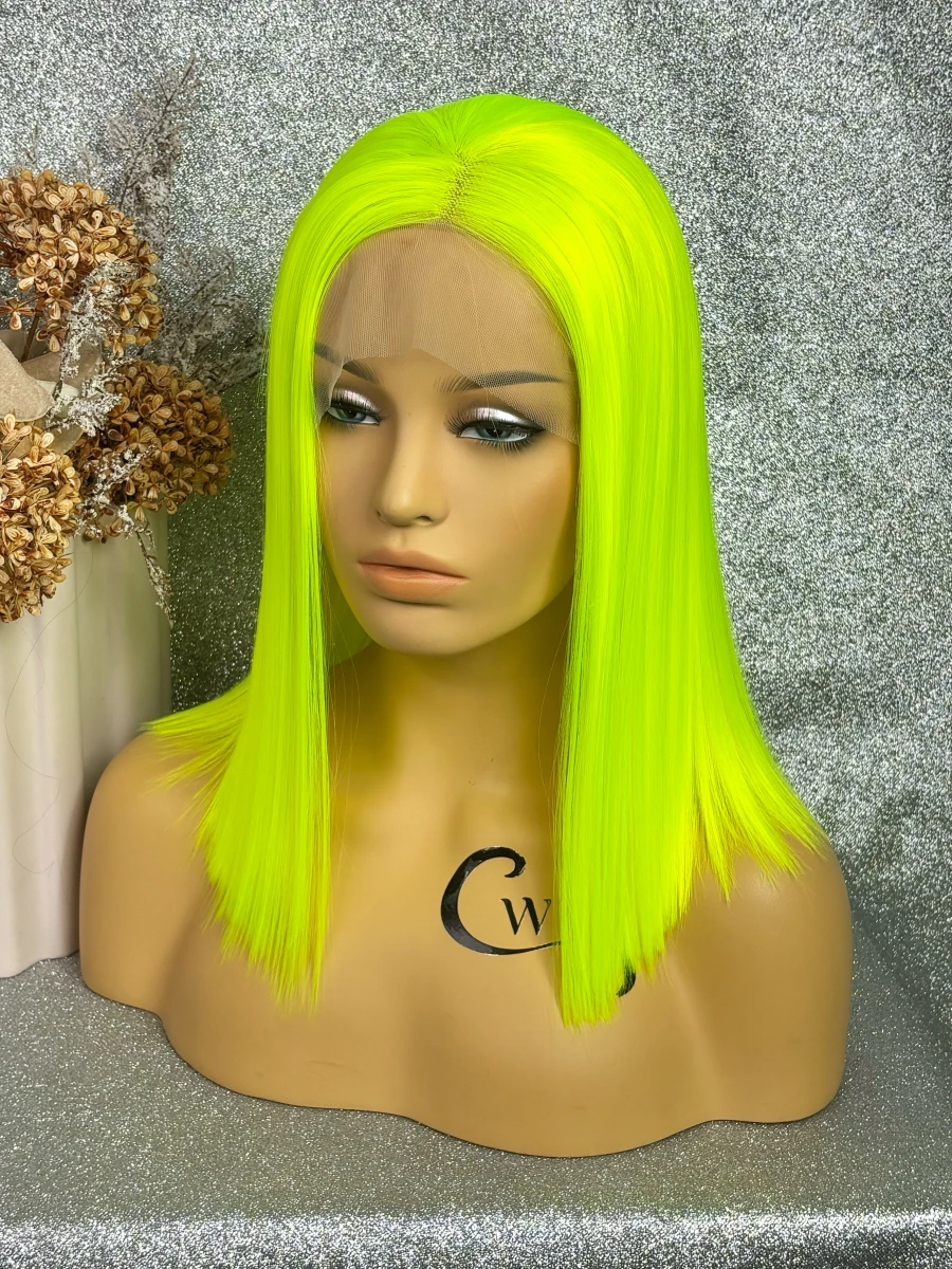 Cwigs-Perruques Synthétiques Courtes Droites Fluorescentes pour Femmes, Vert Néon, Transparent HD Lace Frmetds, Perruques Cosplay, 03 Utilisation