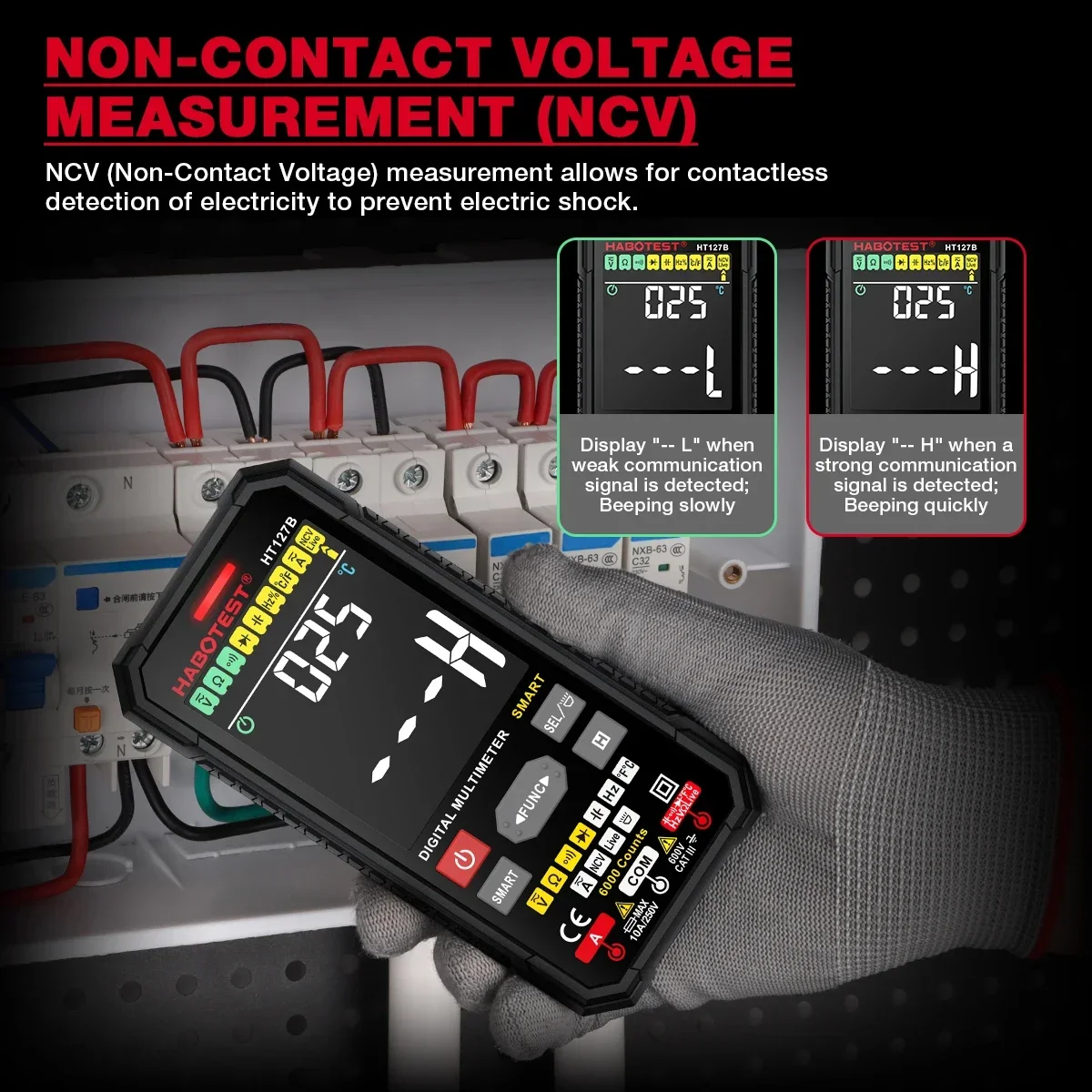 HABOTEST HT127 Digital Multimeter 600V 10A DC AC Voltage Current Tester Capacitance Ohm Diode multimetro NCV Hz Live wire Tester