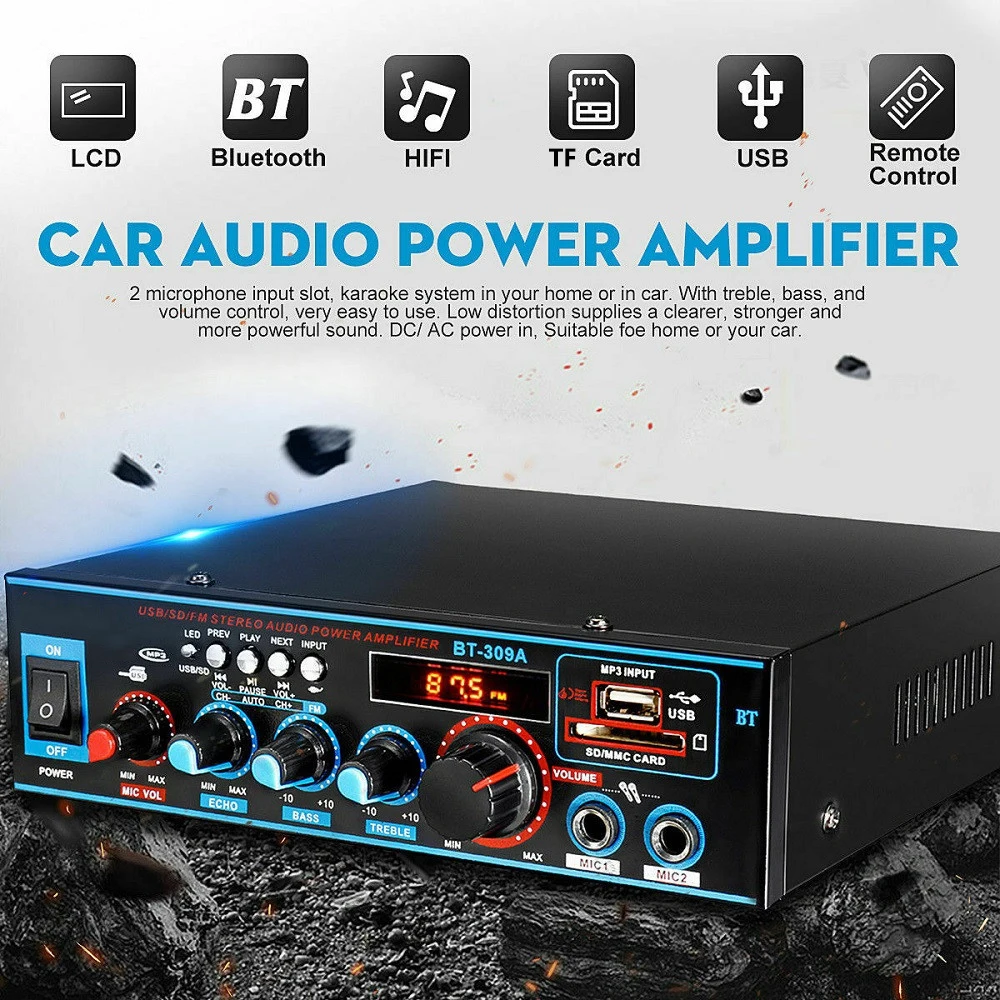 12V 220V 800W Bluetooth 5.0 Amplifier For Speakers 2.0 Channel Car Audio Power AMP Bass HIFI Music Player AUX FM TF With Remote