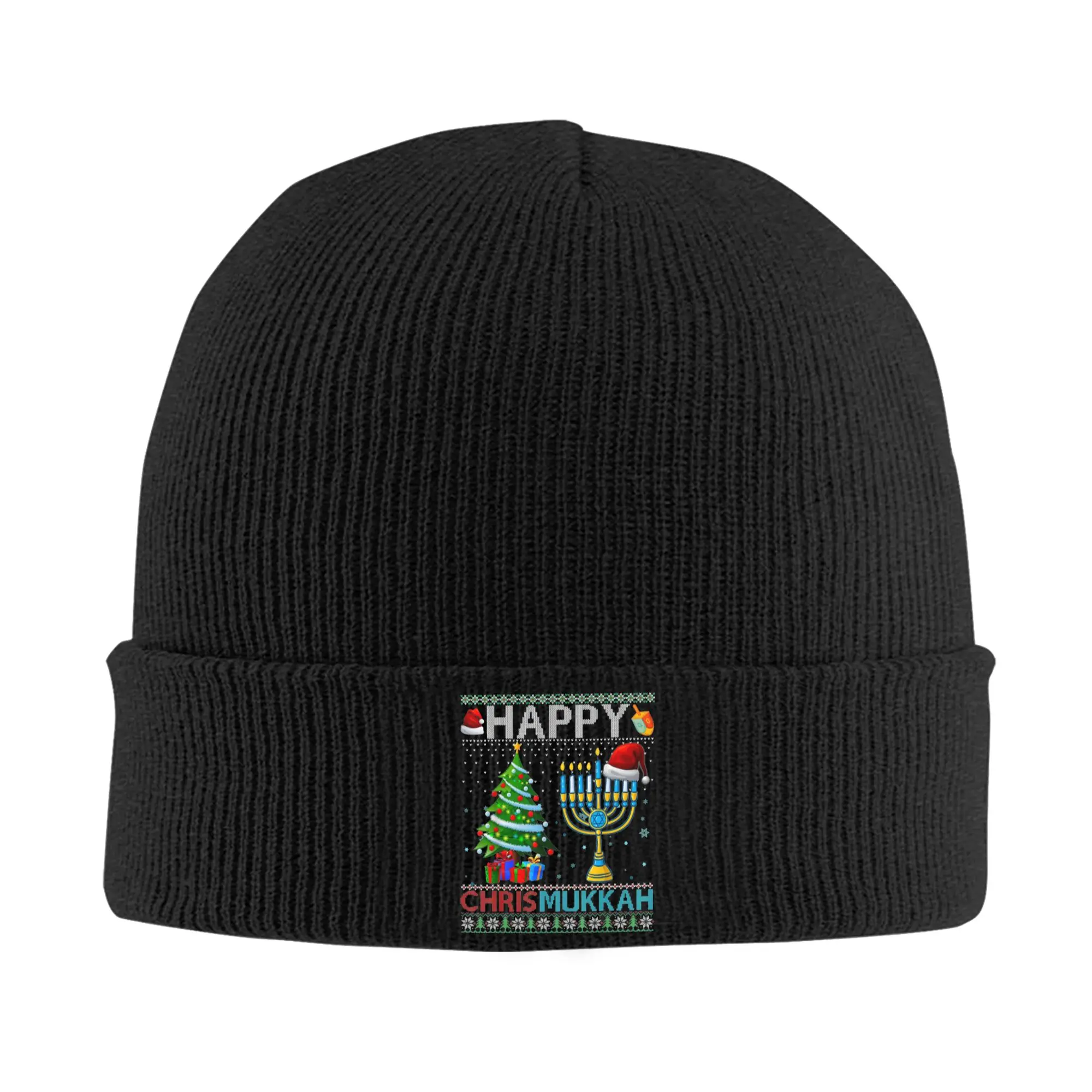 Happy Chrismukkah Jewish Knitted Hat for Women Men Beanies Autumn Winter Hats Acrylic Christmas Hanukkah Chanukah Warm Cap