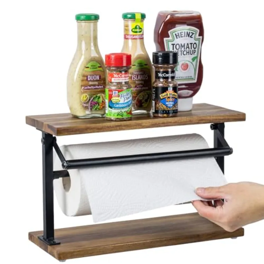 

Premium Solid Paper Towel Holder with Top Display Shelf and Matte Black Metal Frame Freestanding Kitchen Countertop Disposable