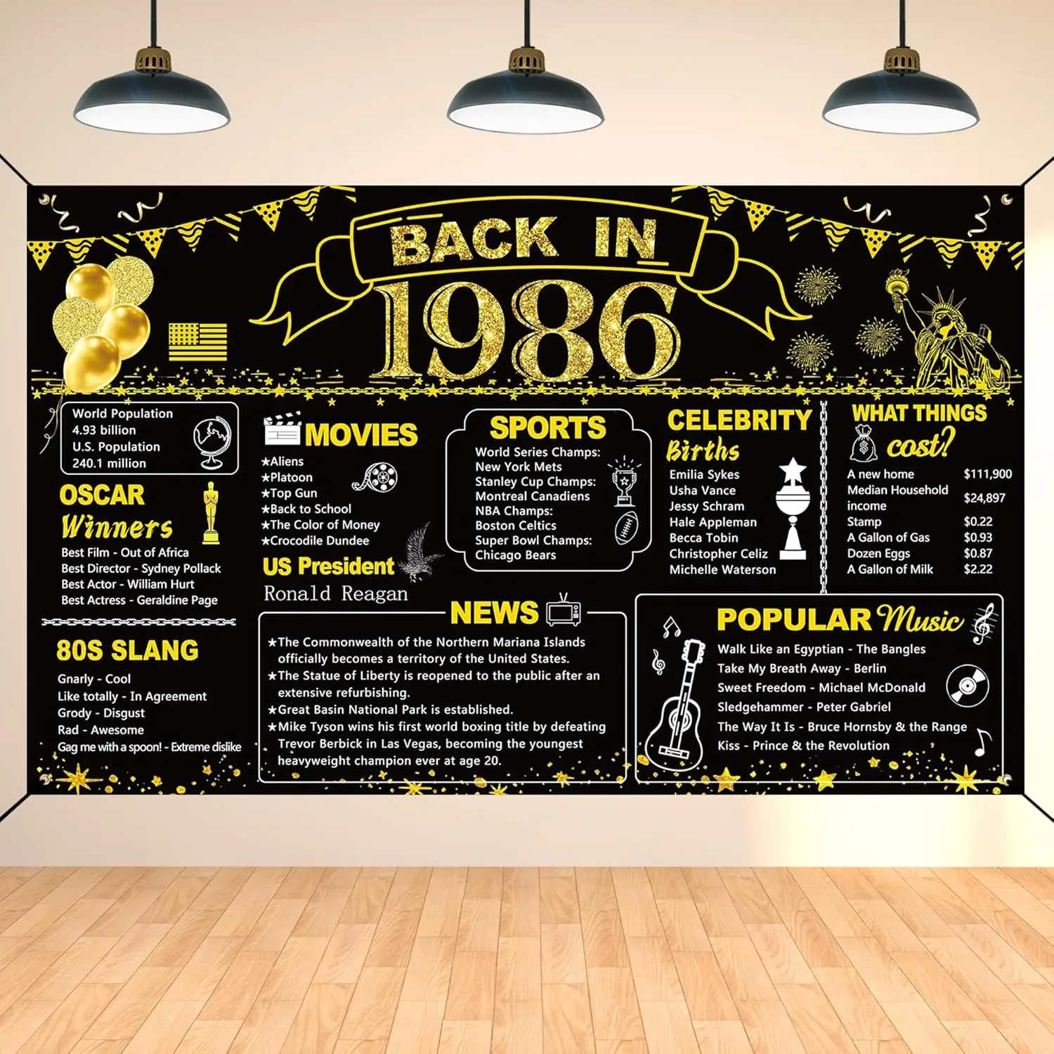 40e verjaardag zwart goud feestdecoratie, terug in 1986, banner 40 jaar oude verjaardagsfeestje poster benodigdheden vintage 1986, achtergrond