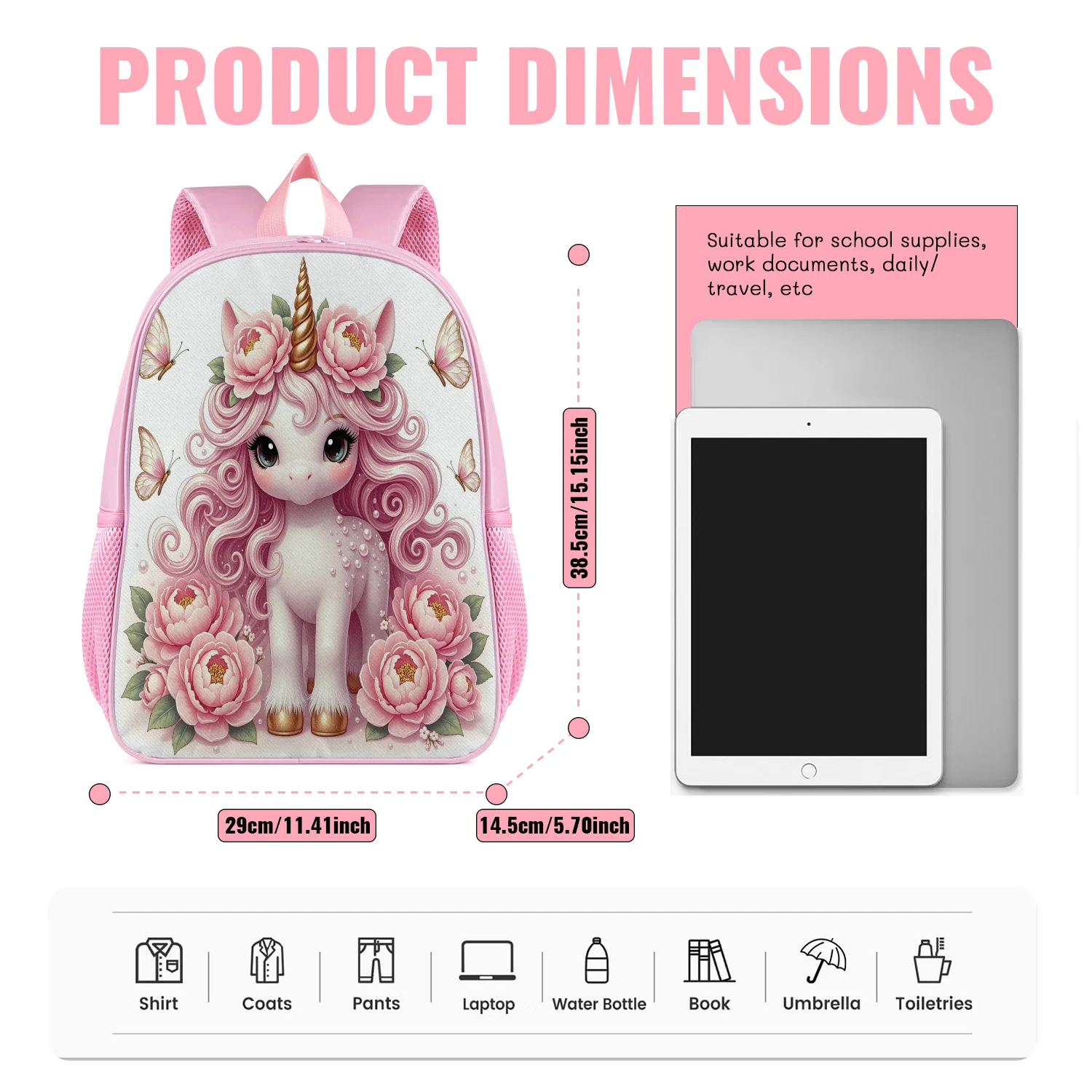 Elegant Pink Unicorn Backpack Lightweight School Bookbag with Peony Butterfly Flower Garden Print Adjustable Padded Straps